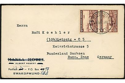1½d Transport i parstykke på brev fra Swakopmund S.W.A. d. 9.10.1948 til Leipzig, Russ. Zone, Tyskland.