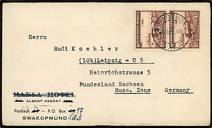 1½d Transport i parstykke på brev fra Swakopmund S.W.A. d. 9.10.1948 til Leipzig, Russ. Zone, Tyskland.