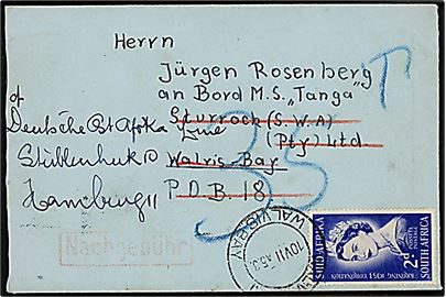 2d Elizabeth single på brev fra Brakpan til passager ombord på M/S Tanga i den sydafrikanske enklave Walvis Bay i Sydvest Afrika. Eftersendt og annulleret med 2-sproget stempel i Walvis Bay d. 10.7.1953 til Hamburg, Tyskland med tysk portostempel og udtakseret i 35 pfg. tysk porto.