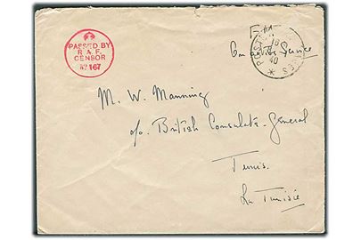 Ufrankeret feltpostbrev med fransk feltpoststempel Postes ...Armees d. 8.1.1940 til c/o British Consulate General i Tunis. Rød britisk RAF-censurstempel No. 167.