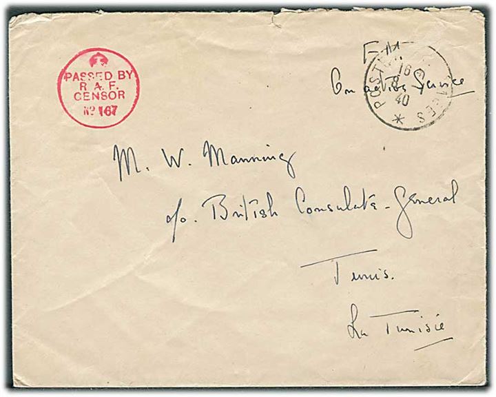 Ufrankeret feltpostbrev med fransk feltpoststempel Postes ...Armees d. 8.1.1940 til c/o British Consulate General i Tunis. Rød britisk RAF-censurstempel No. 167.