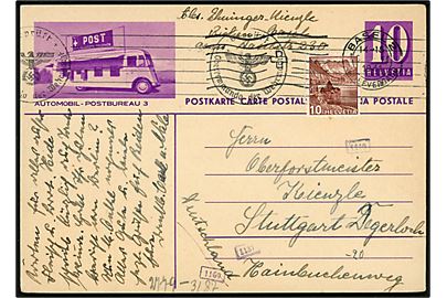 10 c. illustreret helsagsbrevkort Automobil - Postbureau 3 opfrankeret med 10 c. fra Basel d. 6.2.1941 til Stuttgart. Tysk censur.