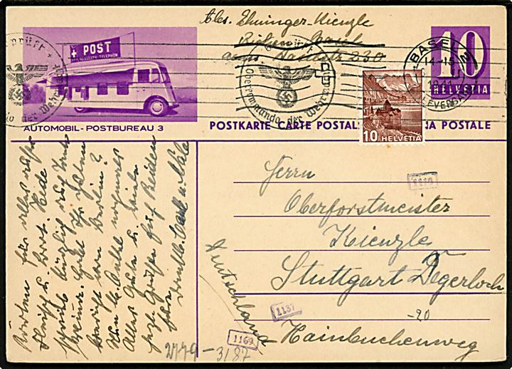 10 c. illustreret helsagsbrevkort Automobil - Postbureau 3 opfrankeret med 10 c. fra Basel d. 6.2.1941 til Stuttgart. Tysk censur.