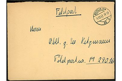 Ufrankeret feltpostbrev med indhold fra Berlin d. 5.12.1941 til Oblt. z. See Retzmann, Feldpost Nr. M29016 = 2. Minensuch-Flottille - minestryger M9. 