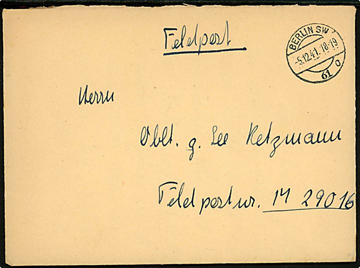 Ufrankeret feltpostbrev med indhold fra Berlin d. 5.12.1941 til Oblt. z. See Retzmann, Feldpost Nr. M29016 = 2. Minensuch-Flottille - minestryger M9. 