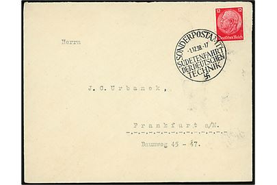 12 pfg. Hindenburg på brev annulleret med særstempel SONDERPOSTAMT SUDETENFAHRT DER DEUTSCHEN TECHNIK d. 1.12.1938 til Frankfurt.
