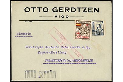 50 cts. Isabel og 10 cts. Velgørenhed ustemplet på brev fra Vigo til Frankfurt, Tyskland. Lokal spansk censur fra Vigo.