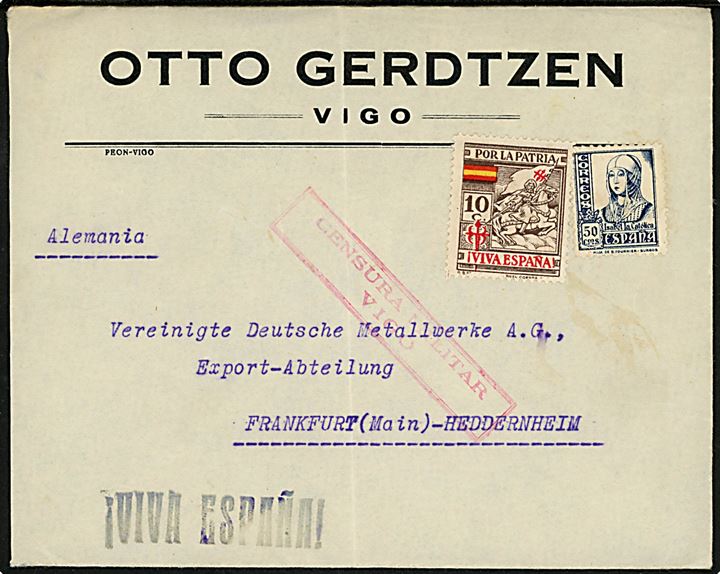 50 cts. Isabel og 10 cts. Velgørenhed ustemplet på brev fra Vigo til Frankfurt, Tyskland. Lokal spansk censur fra Vigo.