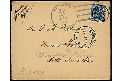 20 øre Chr. X på brev annulleret med stjernestempel RETHOLT og sidestemplet Hjørring d. 10.4.1917 til Somers, Iowa, USA - eftersendt d. 10.5.1917 til Windon, Minn. Ingen tegn på censur.