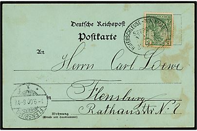 5 pfg. Germania Reichpost udg. på brevkort (Gruss von Westerland-Sylt) annulleret med ovalt skibsstempel Hoyerschleuse - Munkmarsch Seepost No. 5 d. 31.8.1900 til Flensburg. Skjolder.