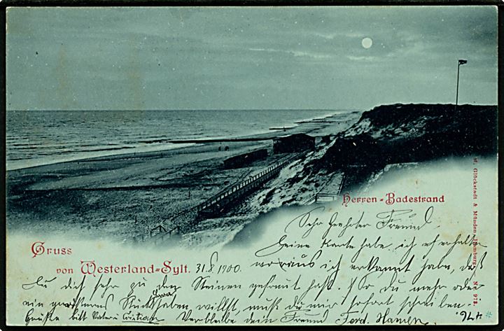 5 pfg. Germania Reichpost udg. på brevkort (Gruss von Westerland-Sylt) annulleret med ovalt skibsstempel Hoyerschleuse - Munkmarsch Seepost No. 5 d. 31.8.1900 til Flensburg. Skjolder.