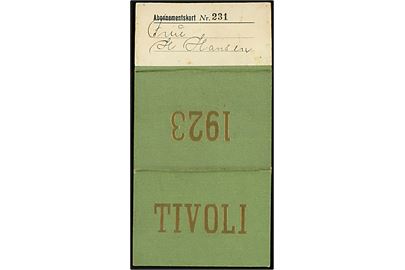 Tivoli Abonnementskort for 1923. Pris 15 kr. + Skat 3 kr.