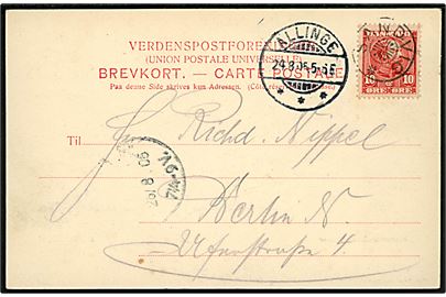10 øre Chr. IX på brevkort (Hammershus ruin) annulleret med stjernestempel SANDVIG og sidestemplet Allinge d. 24.8.1905 til Berlin, Tyskland.