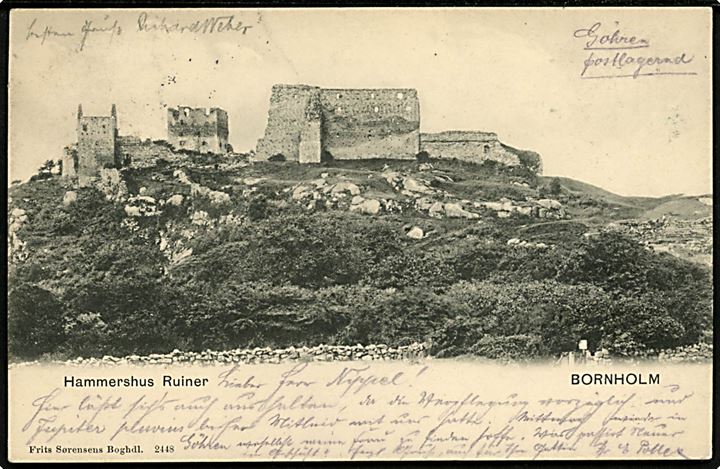 10 øre Chr. IX på brevkort (Hammershus ruin) annulleret med stjernestempel SANDVIG og sidestemplet Allinge d. 24.8.1905 til Berlin, Tyskland.