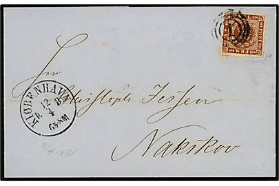 4 sk. 1858 udg. på brev annulleret med nr.stempel 1 og sidestemplet antiqua Kiøbenhavn K.B. d. 12.4.1861 til Nakskov.