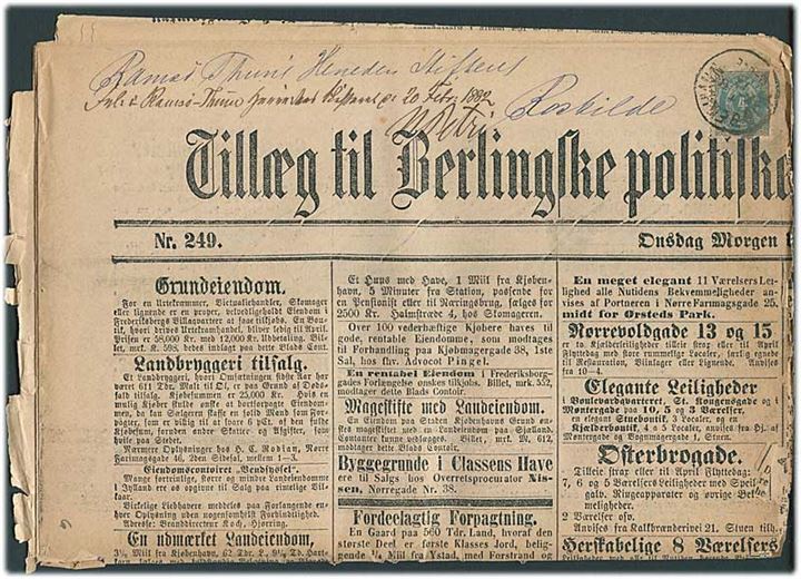 4 øre Tofarvet på Tillæg til Berlingske Politiske og Avertissement-Tidende d. 26.10.1881til Roskilde. Meget skrøbelig.