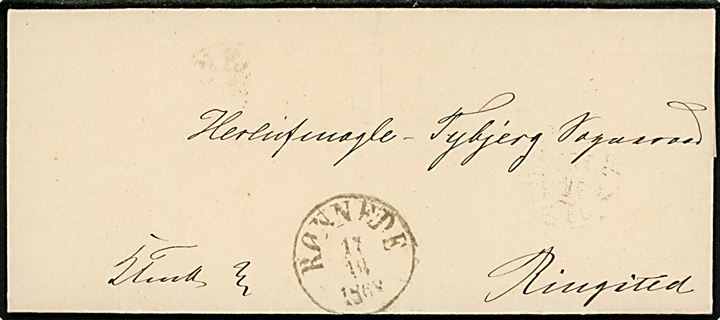 1868. Ufrankeret tjenestebrev dateret i Præstø d. 17.10.1868 med antiqua Rønnede d. 17.12.1868 til Herlufsmagle-Tybjerg Sogneraad pr. Ringsted. På bagsiden lapidar Ringsted J.B.P. d. 19.12.1868. 