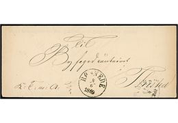 1869. Ufrankeret tjenestebrev med straffeattest fra Bregntved-Gisselfeld Birke med antiqua Rønnede d. 8.6.1869 via Taastrup d. 8.6.1869 til Thisted. 