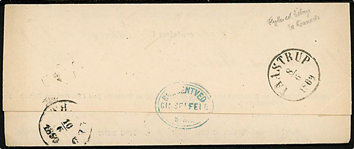 1869. Ufrankeret tjenestebrev med straffeattest fra Bregntved-Gisselfeld Birke med antiqua Rønnede d. 8.6.1869 via Taastrup d. 8.6.1869 til Thisted. 