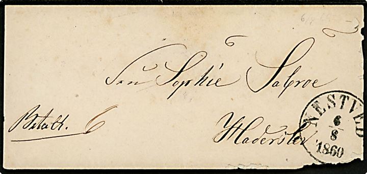 1860. Francobrev mærket Betalt og 6 sk. med antiqua Nestved d. 6.8.1860 til Haderslev. På bagsiden ank.stemplet i Haderslev d. 7.8.1860.