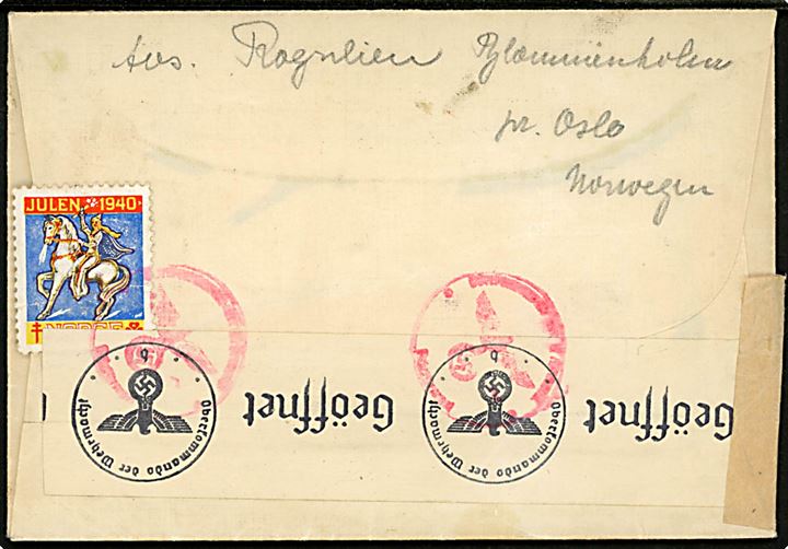 10 øre, 20 øre Løve og Julemærke 1940 på brev fra Sandvika d. 12.12.1940 til Darmstadt, Tyskland. Åbnet af tysk censur i Berlin.