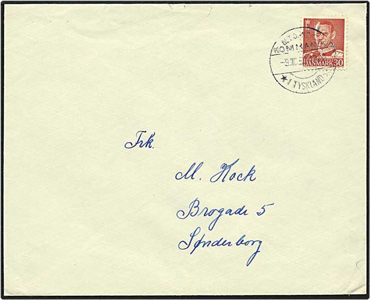 30 øre rød Fr. IX på brev sendt fra Det Danske Kommando / *i Tyskland* d. 9.10.1952 til Sønderborg.