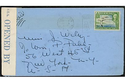 7½d George VI på luftpostbrev fra Hamilton 16.2.1942 til New York, USA. Åbnet af lokal censur med interessant blå/hvid banderole B.C.1. / Opened by examiner 216.