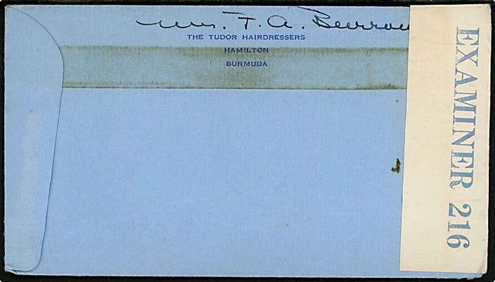 7½d George VI på luftpostbrev fra Hamilton 16.2.1942 til New York, USA. Åbnet af lokal censur med interessant blå/hvid banderole B.C.1. / Opened by examiner 216.