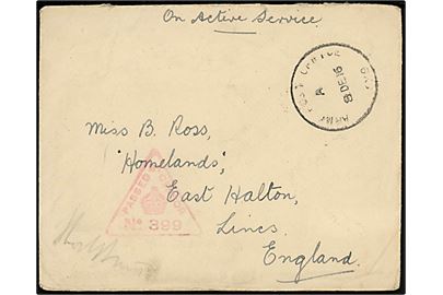 Ufrankeret feltpostbrev fra Saloniki-fronten med skeleton stempel Army Post Office SX9 (= Snevce, Greece 4.12.1916-17.1.1917) til East Halton, England. Rød unit censor no. 399.
