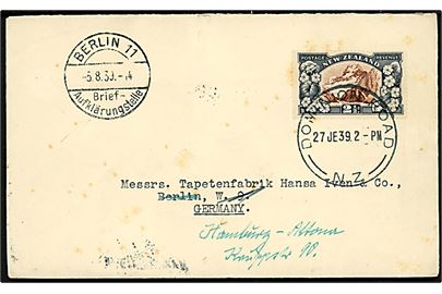 2½d single på brev fra Dominion Road N.Z. d. 27.6.1939 til Berlin - eftersendt til Hamburg med stempel Berlin 11 Brief-Aufklärungsstelle d. 5-8-1939.