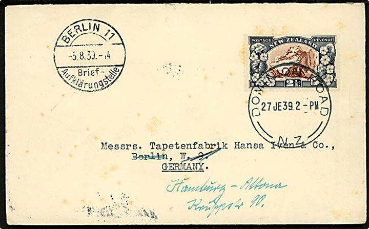 2½d single på brev fra Dominion Road N.Z. d. 27.6.1939 til Berlin - eftersendt til Hamburg med stempel Berlin 11 Brief-Aufklärungsstelle d. 5-8-1939.