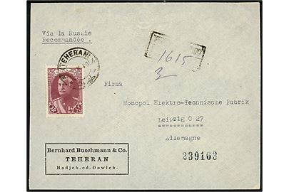 3 r. single på anbefalet brev påskrevet via la Russie fra Teheran d. ?.10.1940 til Leipzig, Tyskland. Ank.stemplet Leipzig d. 9.11.1940. Åbnet af tysk censur i Berlin.