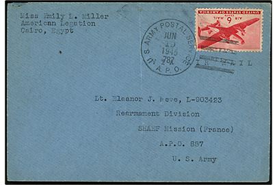 Amerikansk 6 cents Transport på luftfeltpostbrev fra kvinde ved American Legation i Cairo, Egypten annulleret U. S. Army Postal Service A.P.O. 787 (= Cairo, Egypten) d. 19.6.1945 til kvindelig løjtnant ved Rearmament Division SHAEF Mission (France) A.P.O. 887 U.S. Army (= Paris, Frankrig). 