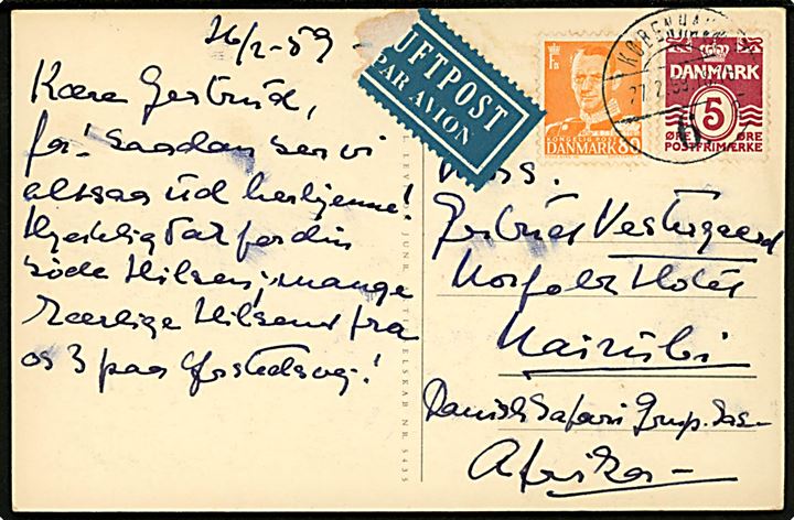 5 øre Bølgelinie og 80 øre Fr. IX på luftpost brevkort fra København 6 d. 27.2.1959 til Nairobi, Kenya. Sendt til deltager i Danish Safari Group på Hotel Norfolk.