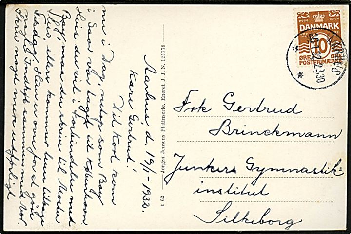 10 øre Bølgelinie på brevkort annulleret med brotype IIId Aarhus ** d. 20.1.1932 til Silkeborg.