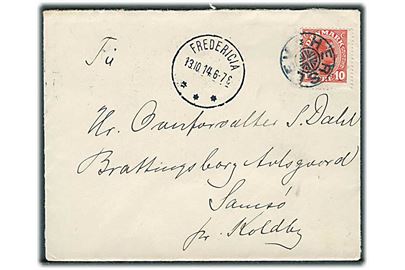 10 øre Chr. X på brev annulleret med stjernestempel HERSLEV og sidestemplet Bro IIIb Fredericia d. 13.10.1914 til Koldby på Samsø.