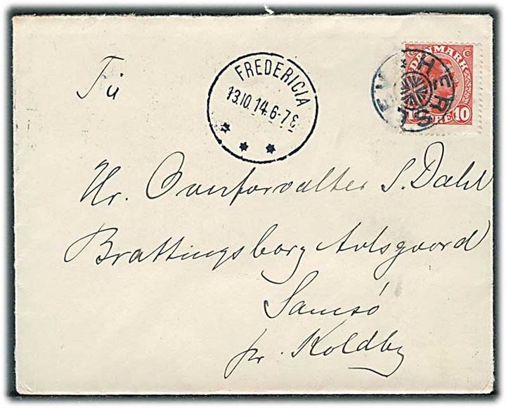10 øre Chr. X på brev annulleret med stjernestempel HERSLEV og sidestemplet Bro IIIb Fredericia d. 13.10.1914 til Koldby på Samsø.