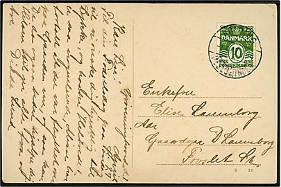 10 øre Bølgelinie på brevkort dateret Grønninghoved annulleret med bureaustempel Kolding - Hejlsminde T.4 d. 1.4.1927 til Fovslet St.