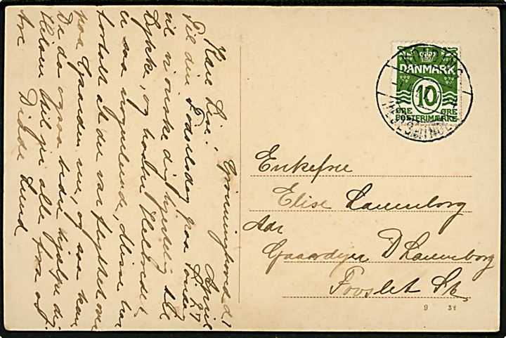 10 øre Bølgelinie på brevkort dateret Grønninghoved annulleret med bureaustempel Kolding - Hejlsminde T.4 d. 1.4.1927 til Fovslet St.