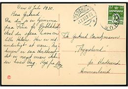 10 øre Bølgelinie på brevkort annulleret med sjældent udslebet stjernestempel BLOKHUS og sidestemplet Pandrup d. 11.7.1930 til Hadsund. Stempel kun benyttet i perioden 5.2.1930-25.1.1931. Bendix: 2000,-