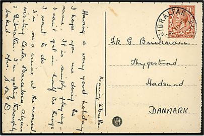Britisk 1½d George V på brevkort (Barcelona, Spanien) annulleret med skibsstempel Gibraltar Paquebot d. 26.7.1932 til Hadsund, Danmark.
