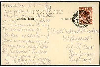 1½d George V på brevkort (Gibraltar abe) fra Gibraltar d. 15.2.1930 til St. Helens, England.