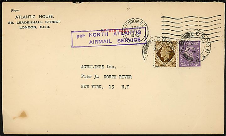 3d og 1/- George VI på luftpostbrev med violet rammestempel per NORTH ATLANTIC AIRMAIL SERVICE fra London d. 15.2.1945 til New York, USA. Uden tegn på censur.