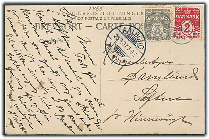 1 øre og 2 øre Bølgelinie på lokalt brevkort annulleret med stjernestempel VEJGAARD og sidestemplet Aalborg d. 26.9.1907 til Søften pr. Hinnerup.