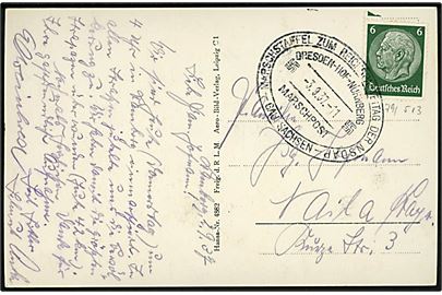 6 pfg. Hindenburg på brevkort fra Bamberg annulleret med ovalt særstempel Marschstaffel zum Reichesparteitag der NSDAP - Gau Sachsen - / Dresden-Hof-Nürnberg Marschpost d. 3.9.1937.