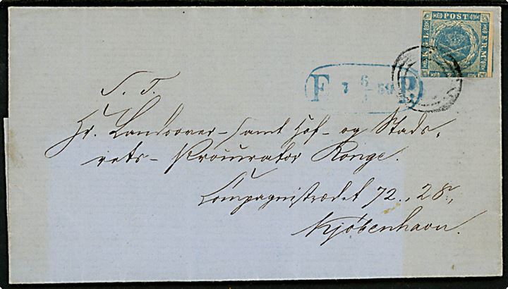 2 sk. 1855 udg. på lokalt fodpostbrev i København annulleret med nr.stempel 1 og sidestemplet F:P: d. 6.9.1859