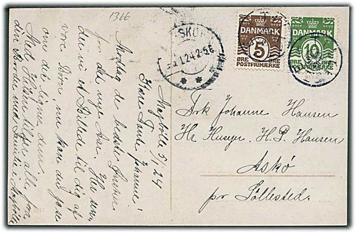 5 øre og 10 øre Bølgelinie på brevkort dateret Majbølle annulleret med stjernestempel TILLITZE og sidestemplet Nakskov d. 5.1.1924 til Askø pr. Søllested.