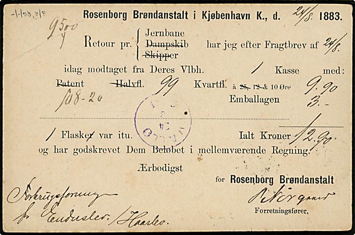 4 øre helsagsbrevkort sendt som tryksag fra Rosenborg Brønanstalt i Kjøbenhavn og annulleret med kombineret nr.stempel 86/Sjæll.JB.PKT. d. 24.8.1883 til Enderslev pr. Haarlev. På bagsiden VIOLET lapidar stempel VALLØ d. 24.8.1883 - stempel kendes kun i violet i perioden 1881-83, her brugt ca. 1½ måned senere end registreret af Bendix.  