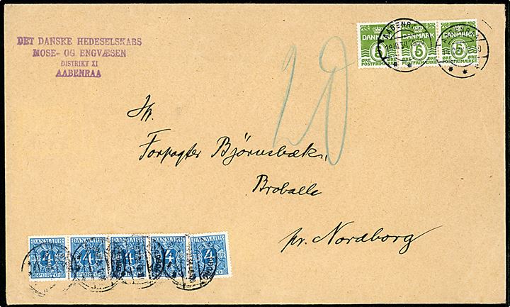 5 øre Bølgelinie (3) på underfrankeret brev fra Aabenraa d. 18.10.1934 til Broballe pr. Nordborg, Als. Udtakseret i 20 øre porto med 4 øre Portomærke i single og 4-stribe.
