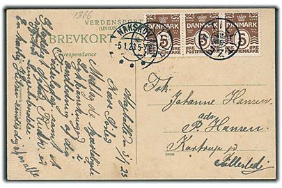 5 øre Bølgelinie (3) med rifter på brevkort annulleret med stjernestempel TILLITZE og sidestemplet Nakskov d. 5.1.1923 til Søllested.